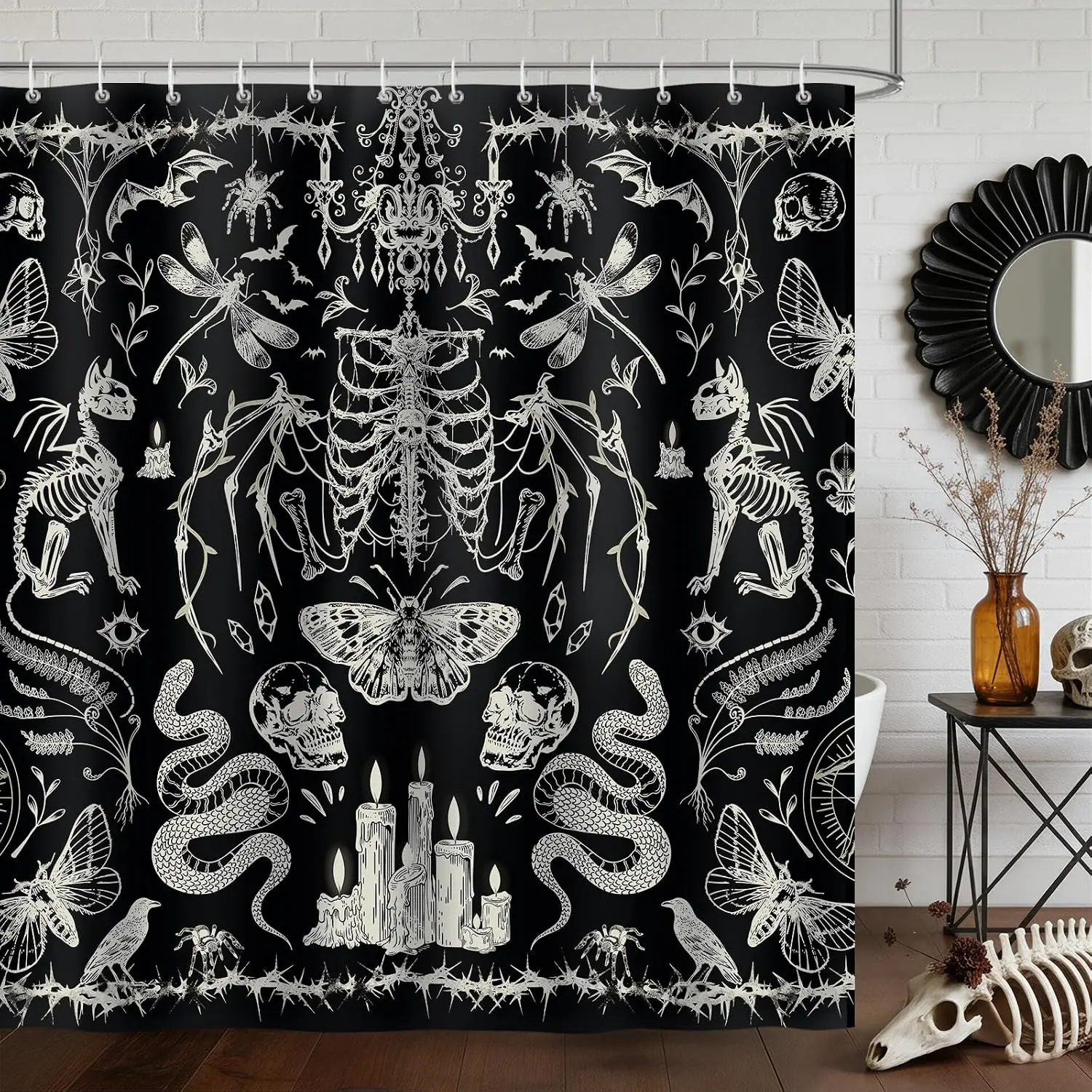 Gothic Halloween Skeleton Skull Shower Curtain, Snake Moth Bat Print Waterproof Bath Curtain With Hooks For Spooky Bath