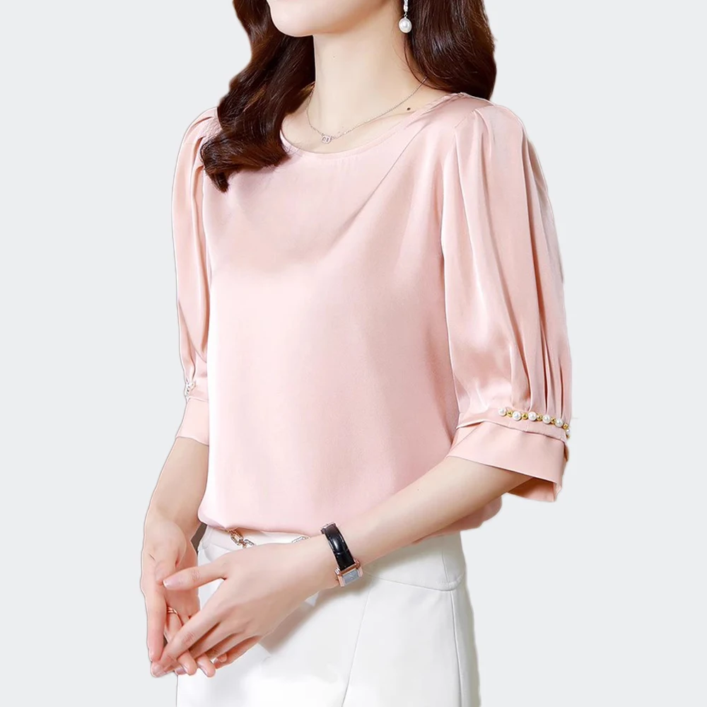 Summer Solid Satin Shirts For Women Fashion Puff Sleeve Beaded Blouses Women 2024 Korean Style Office Lady Simple Basic Tops