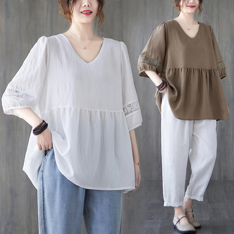 

Летний свободный кружевной светильник большого размера Bubble Sve irt, женский модный топ с v-образным вырезом для похудения, закрывающий живот