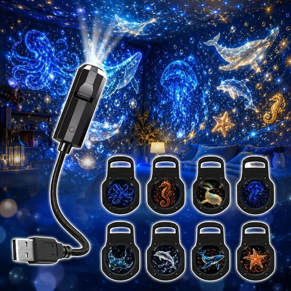 360 Degree Rotating Dreamy Starry Sky Projector Flexible Neck Interchangeable Slides USB Plug Projection Lamp USB Powered