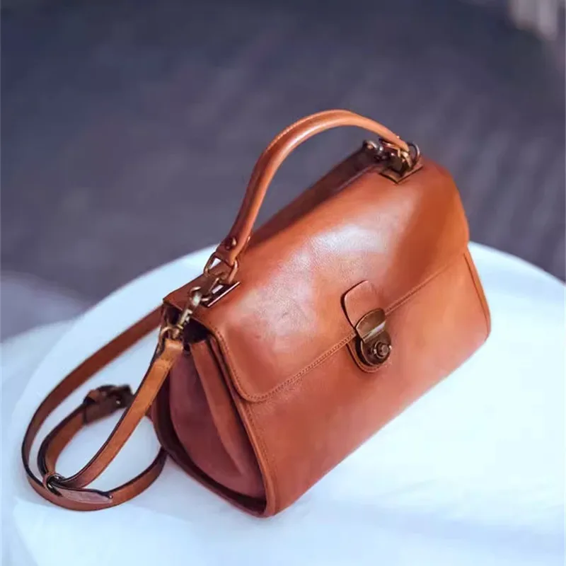 Fashion luxury vintage natural genuine leather Women brown handbag outdoor daily work party real cowhide shoulder messenger bag