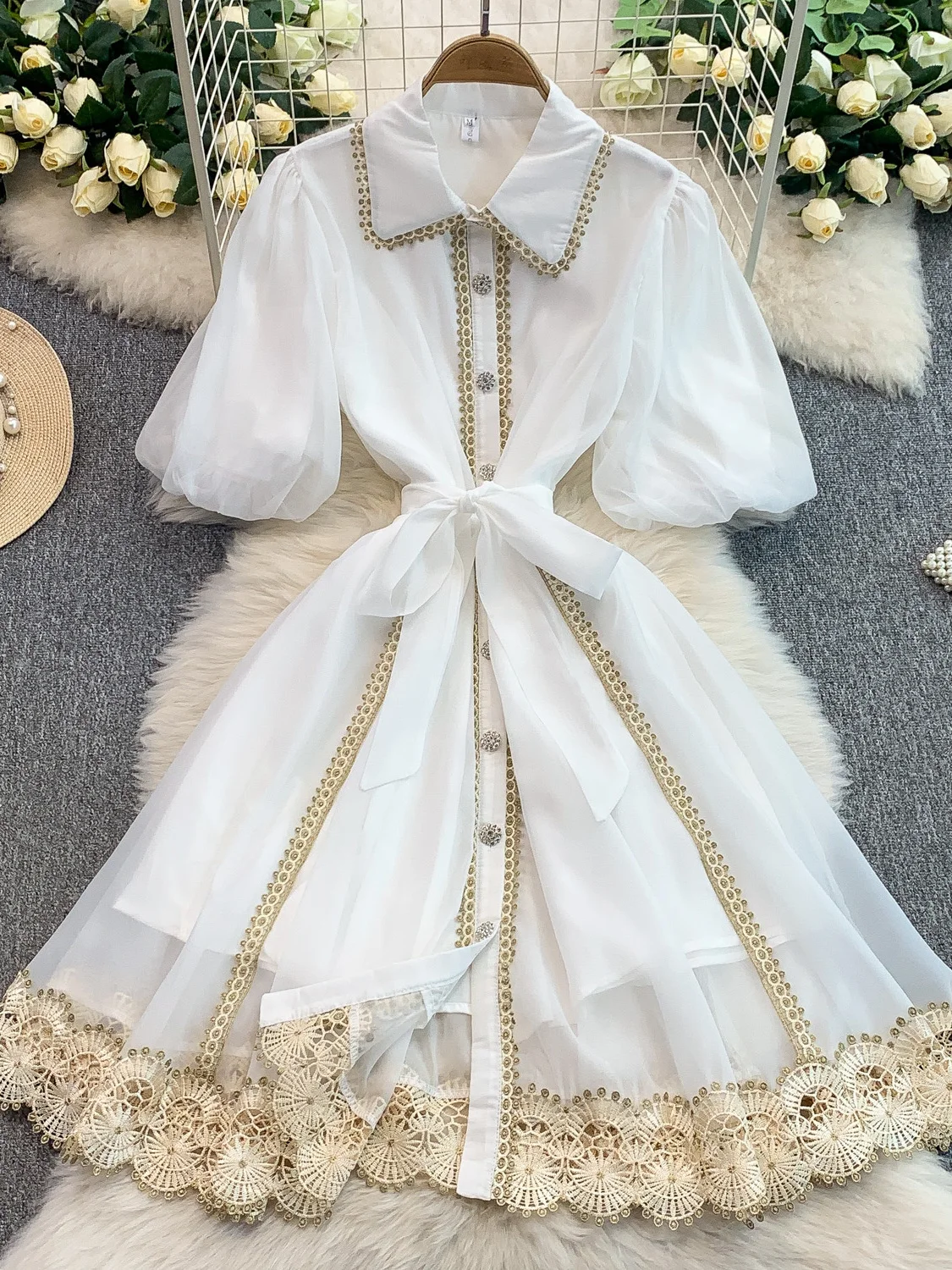 Retro Sweet Lace Trimmed Collar Dr Women's New Single Button Waist Cinching Slimming Midi Skirt Korean Sle Commute