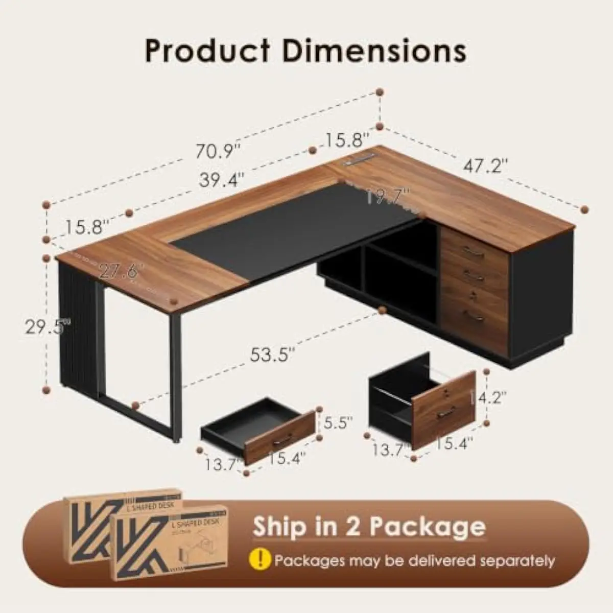 L Shaped Executive Desk 71 Inch Walnut Finish Modern Workspace with Built In USB AC Outlets Spacious Dual Surface Storage Drawer 3