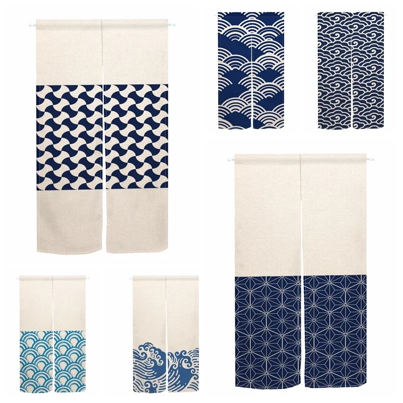 Japanese Style Noren Door Curtains Wave Geometric Pattern Linen Doorway Curtain Home Decor Izakaya Kitchen Entrance Half Curtain