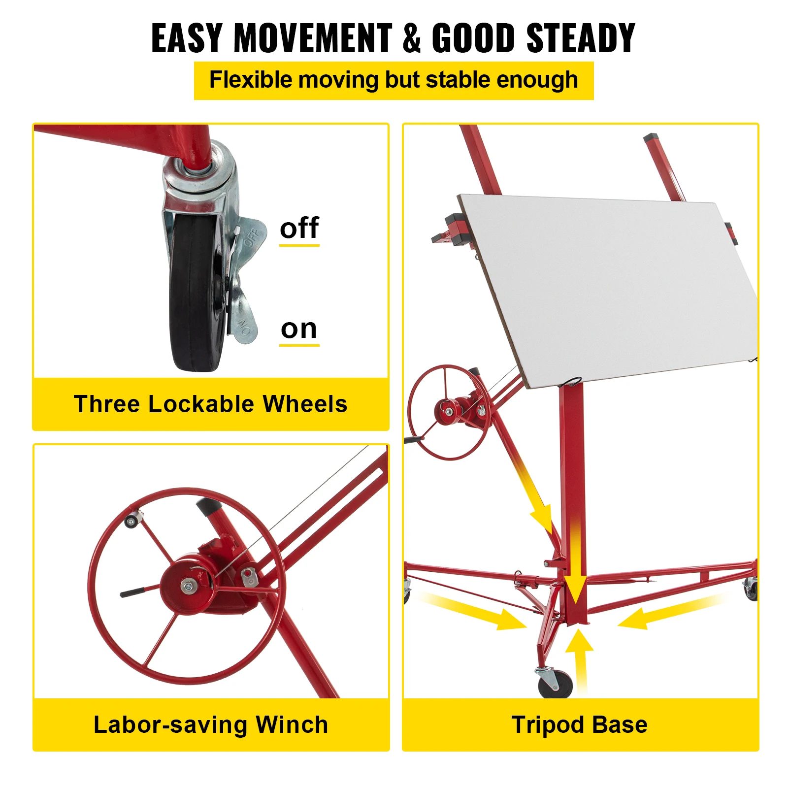 VEVOR 16Ft Drywall Rolling Lifter with Lockable Wheels 150Lbs Capacity Heavy Duty Plasterboard Panel Tilting Hoist Jack Lifter