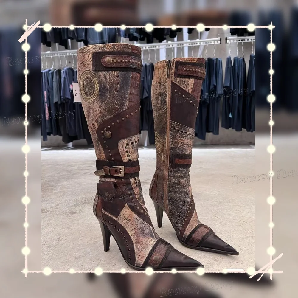 

Coffee Color Patchwork Boots Old Style Belt Decor Women Shoes Pointed Toe High Heel Shoes for Girls Zapatos Para Hombres