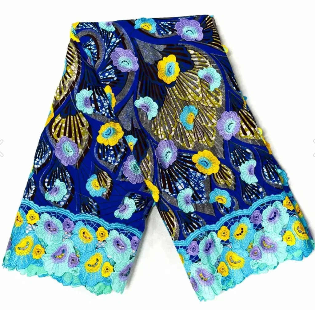 New African Wax Lace Fabric Real Wax 100% Cotton Ankara Fabric Blue Flower Print Batik Soft Lace Material Tissue 6 yards For Sew