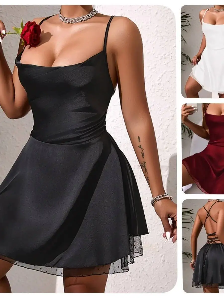 فستان قصير جديد من الساتان بدون ظهر بحزام متقاطع من الدانتيل مرقع ملابس للاستلقاء بدون ظهر عميق على شكل حرف V بدون أكمام فستان رغبة نقية Casaul XKCD