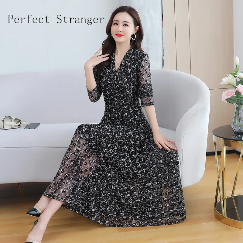 2024 Spring Autumn New Arrival Elegant  M-4XL V Collar Flower Printed Long Sleeve Women Chiffon Lace  Long Dress