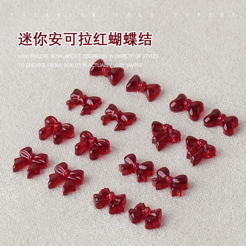 100PCS 3D Clear Red Bow Nail Art Decoration Charms Accessories Sample Bowknot Parts For Manicure Decor Nails Art Design Supplies