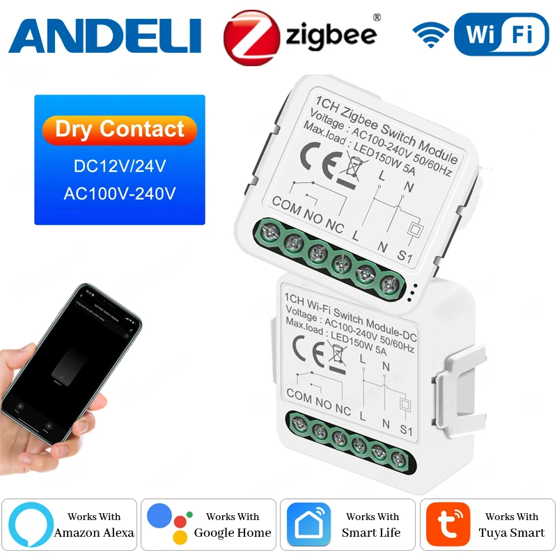 Smart Dry Contact WiFi&zigbee Switch Module Smart Home DIY Breaker Relay DC 12/24V AC 100-240V Compatible with Alexa Google Home