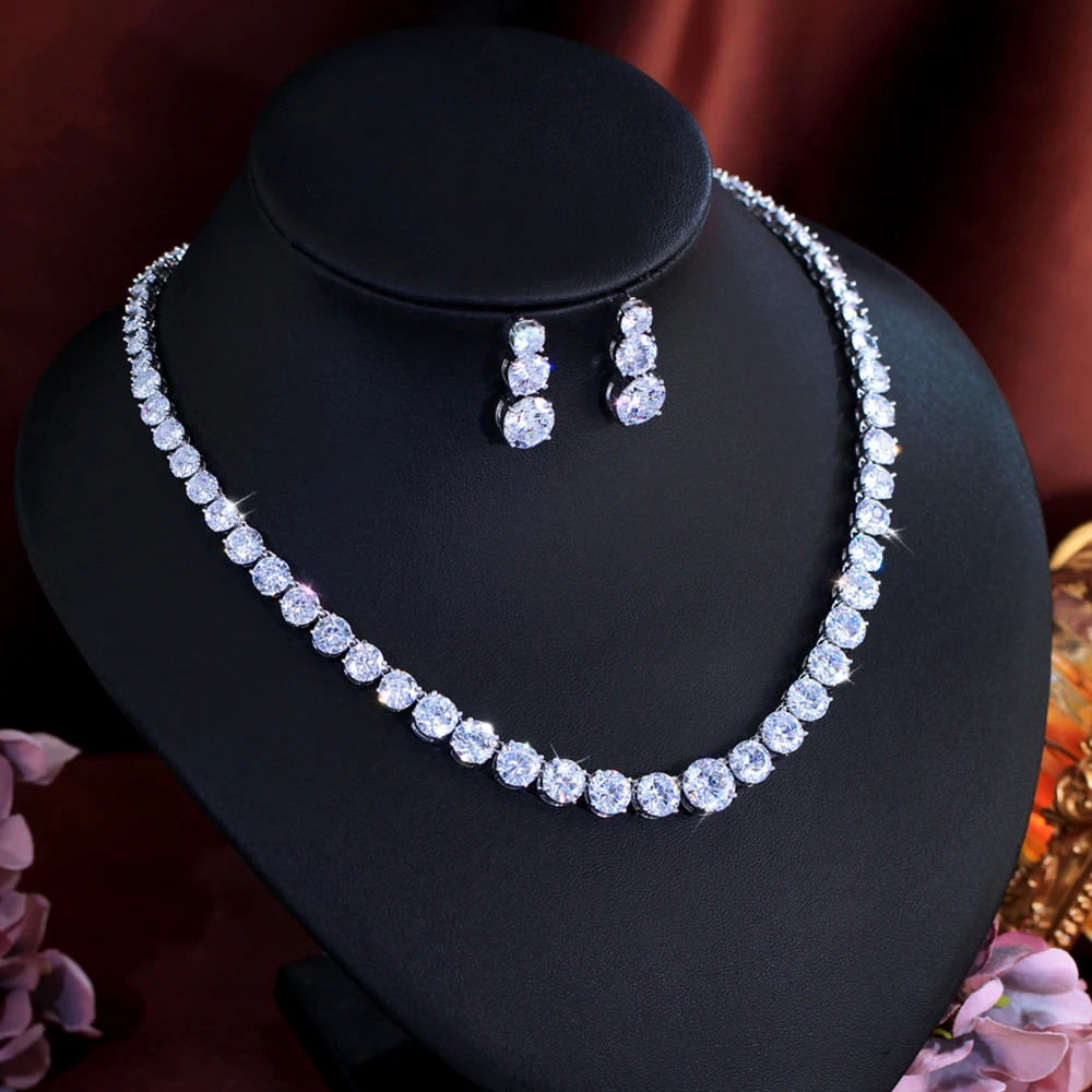 CWWZircons Prachtvolle Glänzende CZ Mode Braut Runde Halskette Ohrringe Sets für Frauen Hochzeit Abend Party Schmuck Großhandel T0997 – Detail 6