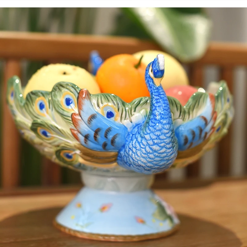 Auspicious peacock ceramic fruit bowl living room table rack coffee home decoration