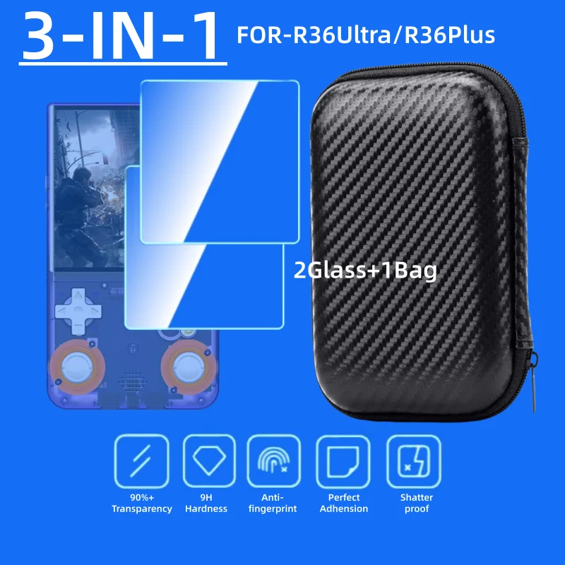 2 Glasfaser-Displayschutzfolien + 1 Tasche für R36 Ultra Spielekonsole, Aufbewahrungstasche, EVA-Schale, kratzfest, Displayschutzfolie
