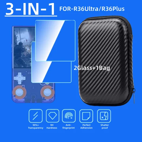 2Glass+1Bag For R36 Ultra Game Console Storage Bag EVA Shell Resistant Scratch Resistant Screen Film