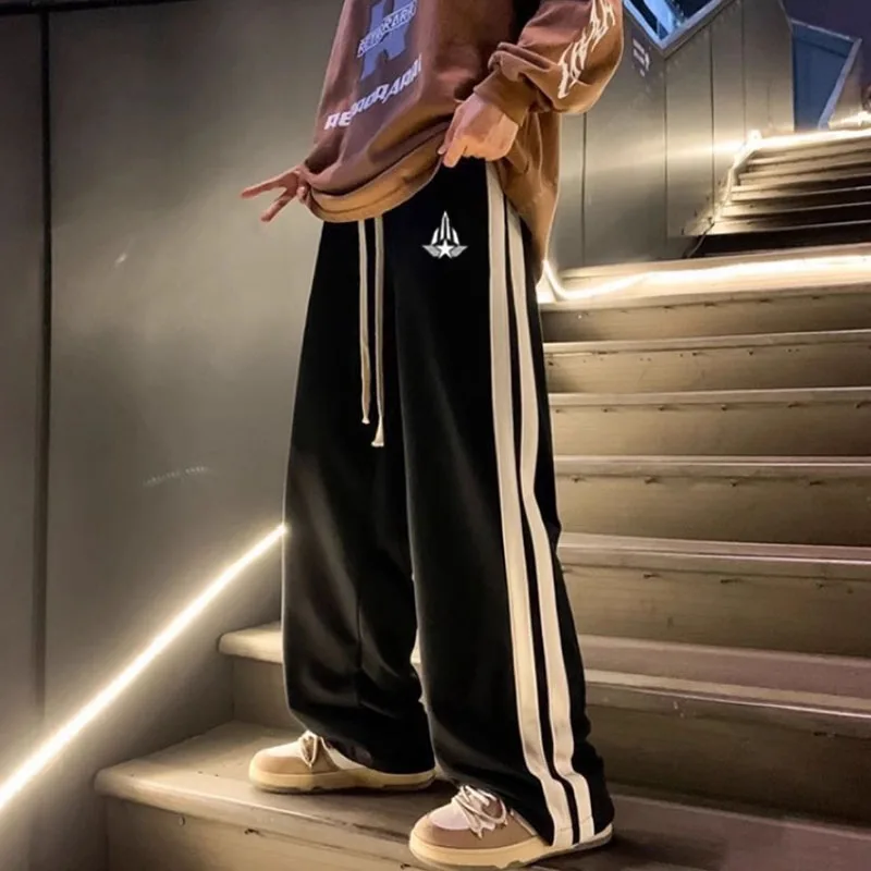 

American stripes hanging loose straight sweatpants men spring summer high street sports with all solid color casual pants