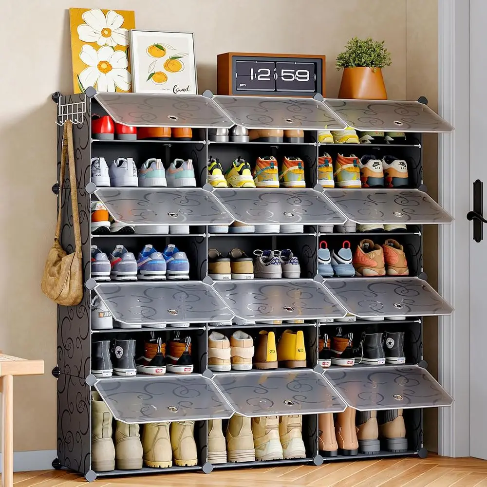 

48-Pair Shoe Storage Cabinet with Door, Portable Plastic Organizer for Entryway and Bedroom in Black