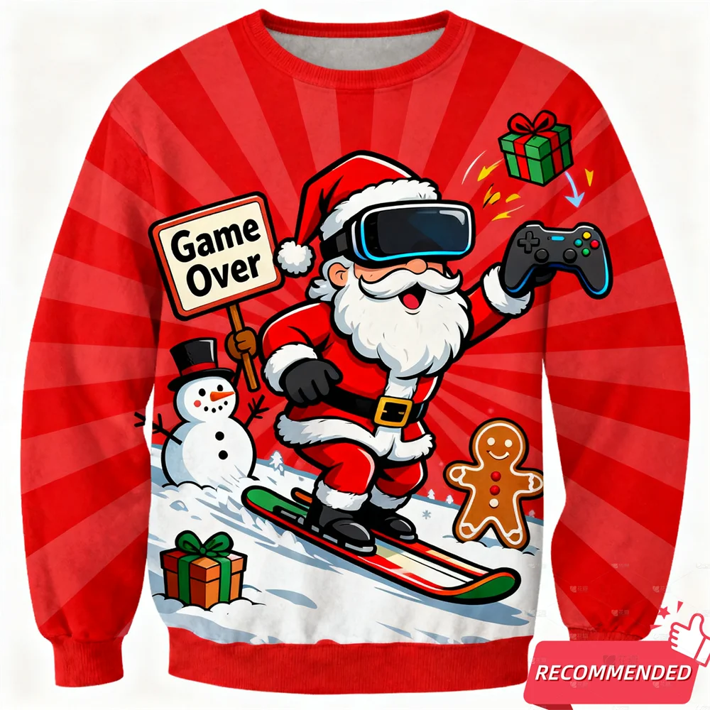

Skiing Santa Clause Graphic Men's O-Neck Sweatshirt Funny Creative Design Long Sleeve Tops Autumn Winter Casual Pullover For Men