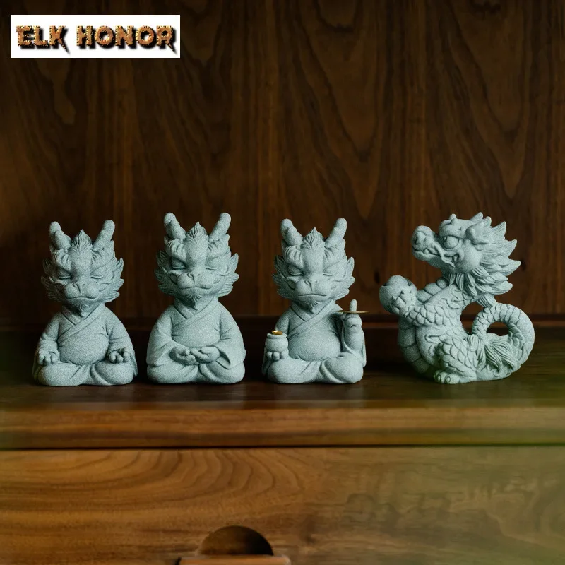 Green Sandstone Divine Dragon Tea Pet Creative Lucky Dragon Incense Burner Traditional Tea Figurine Chinese Tea Set Ornaments