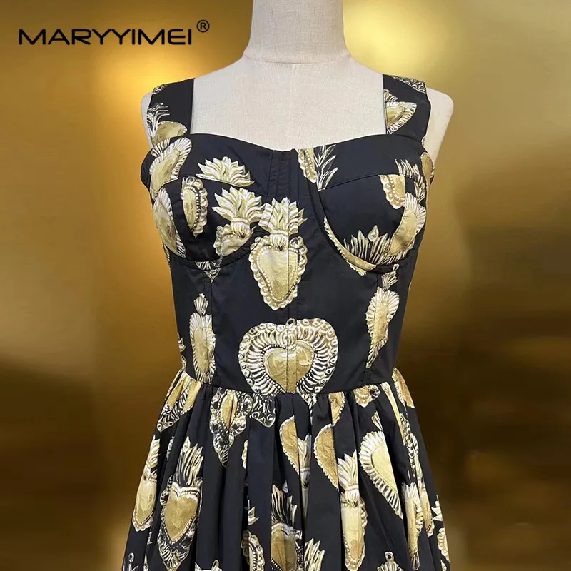 Imagem -03 - Maryyimei-vestido Midi de Algodão sem Mangas para Mulheres Coração de Pêssego Estampado Pulseira de Espaguete Vintage Vestido Midi sem Costas Nova Moda