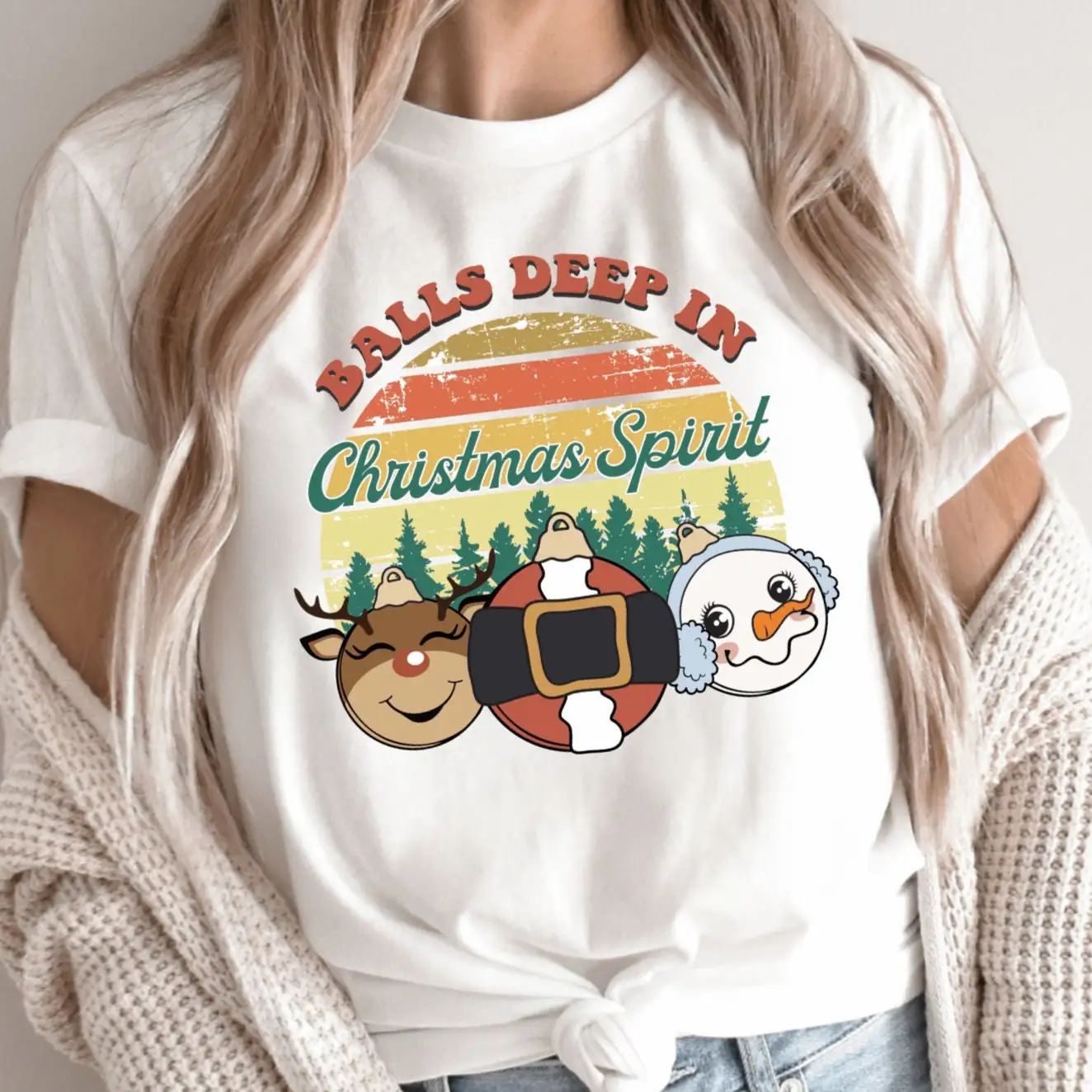 Balls Deep In Christmas Spirit T Shirt Humorous Xmas Festive Santa Claus Family Reunion Party Attire For Her