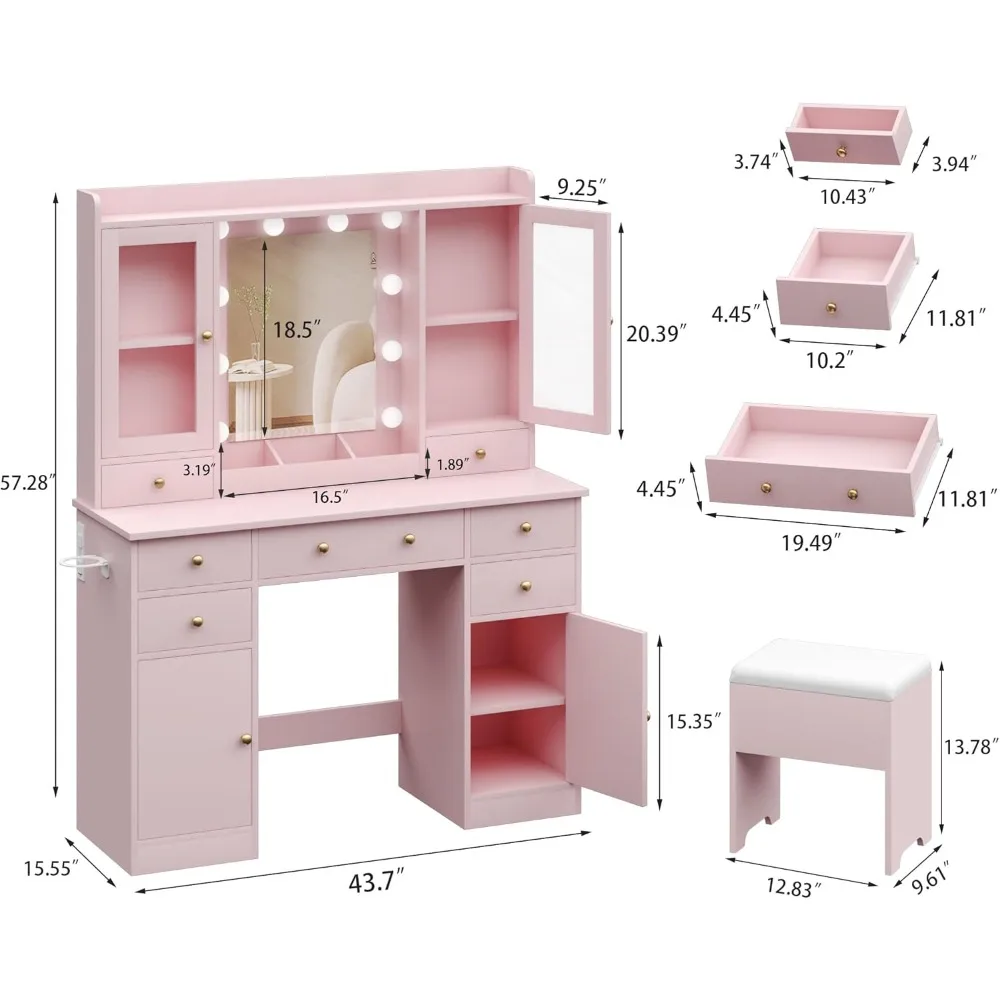 Vanity Desk with Mirror and Lights, Pink Vanity Mirror with Lights Desk and Chair &7 Drawers, Cabinets Makeup Vanity Table with