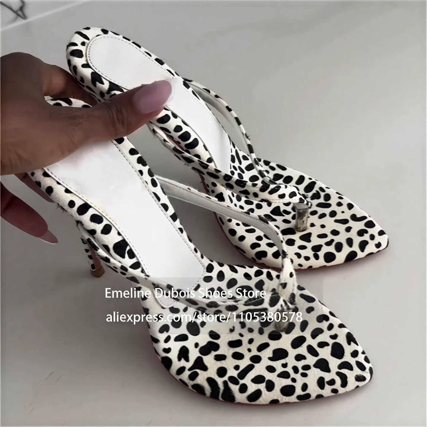 White Black Dalmatian Print Faux Fur Thong High Heel Sandals Open Toe Slip on Stilettos Summer Party Street Club Slippers Women view 2