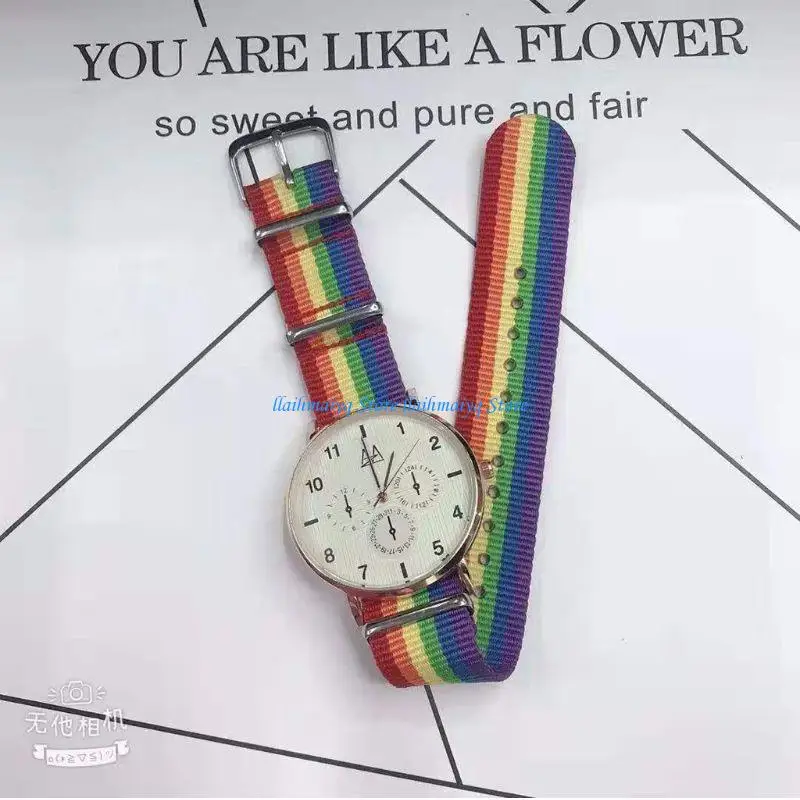 

573B Nylon Watch Bands Rainbow Stripe Canvas Woven Bracelet Gifts for Valentine's Day