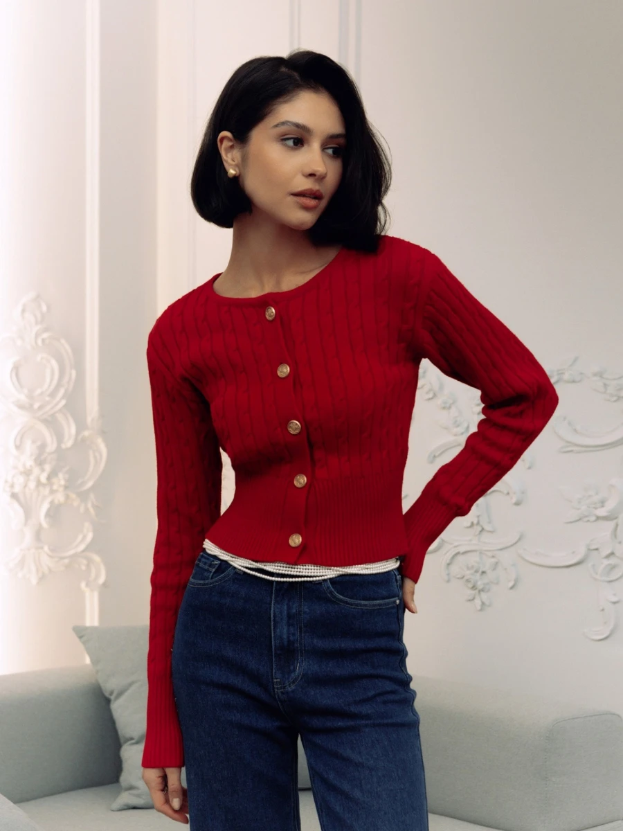 

Blubelle женский новый осенне-зимний элегантный текстурированный вязаный кардиган однобортный тонкий топ в рубчик с круглым вырезом и длинными рукавами