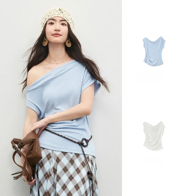 SENTUBILA Damen-Strick-T-Shirt mit Wendekragen, Frühling 2026, Weiß, minimalistisch, für den Alltag, plissiert, schmal geschnitten, Kurzarm-Oberteil 161TA4924 – Detail 12