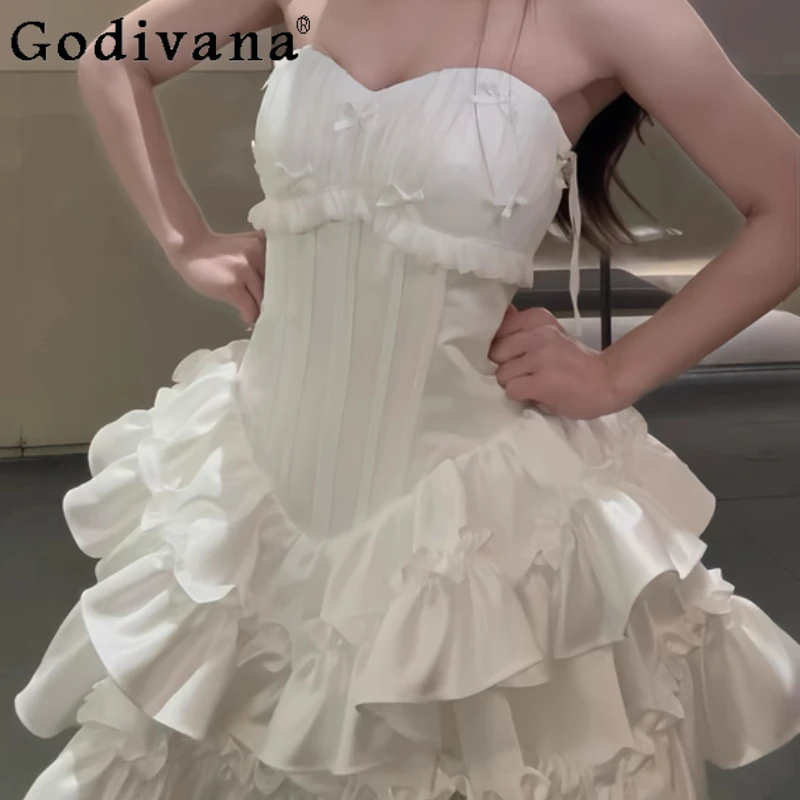

Temperament White Strapless Elegant Slash Neck Party Dress New Fashion High Waist A-line Sweet Girl Short Cake Princess Dresses