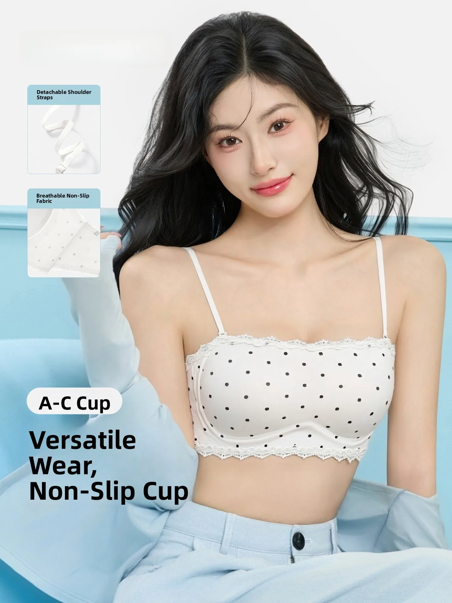 summer-thin-strapless-bra-women's-anti-slip-not-falling-small-chest-gathered-polka-dot-lace-seamless-bra-underwear-by-yuyu