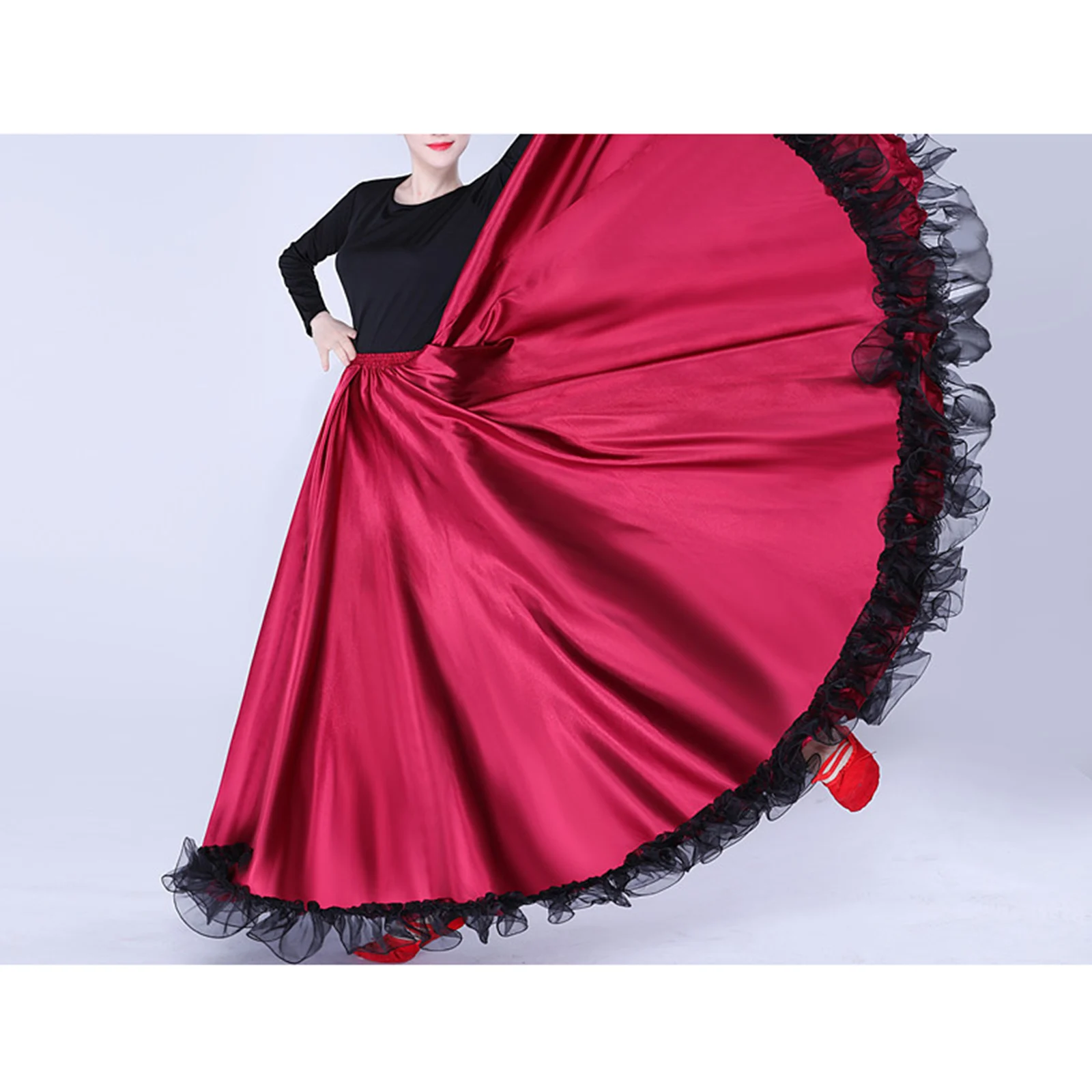 Vrouwen Spaanse Flamenco Bull Dance Rok Buikdans Rok Ruches Zoom Grote Swing Satijn Maxi Rok Professionele Danskostuums
