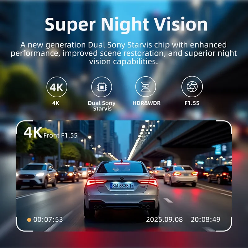 Câmera Veicular com Suporte para 2 Canais, Lente Dupla F1.5, Tela de 3 Polegadas, Gravação Frontal e Traseira 4K+2K com Câmera Traseira