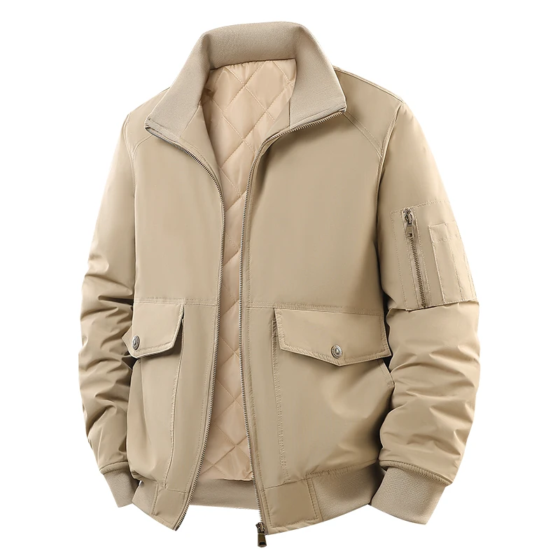 

Thiened Cotton Jaet Men's Winter Faion Warm Windproof Casual Collared Workwear Polyester Filling Stand Fit Zipper Cl...