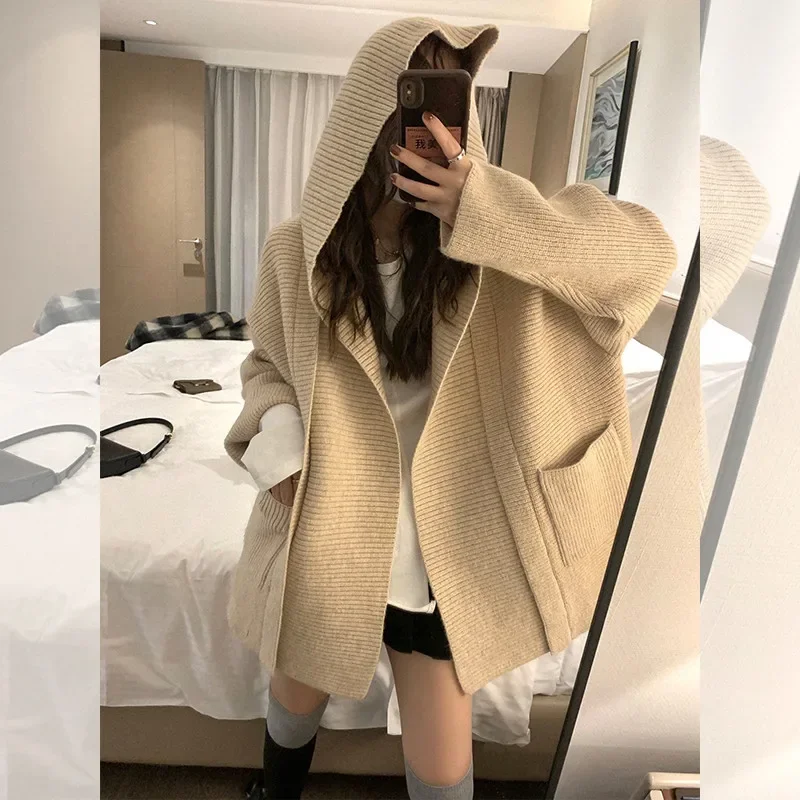 SuperAen Europe and America Style Hooded Simple Pocket Knitted Cardigan Coat Women's Autumn and Winter New Loose Casual Sweaters