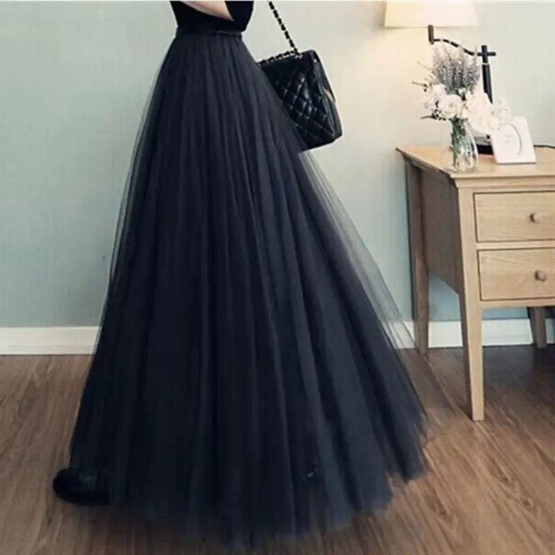 

Korean Fashion Solid Color Mesh Ball Gown Skirt Women's Clothing Elegant Simplicity Ladies Pleated High Waist A-Line Skirts