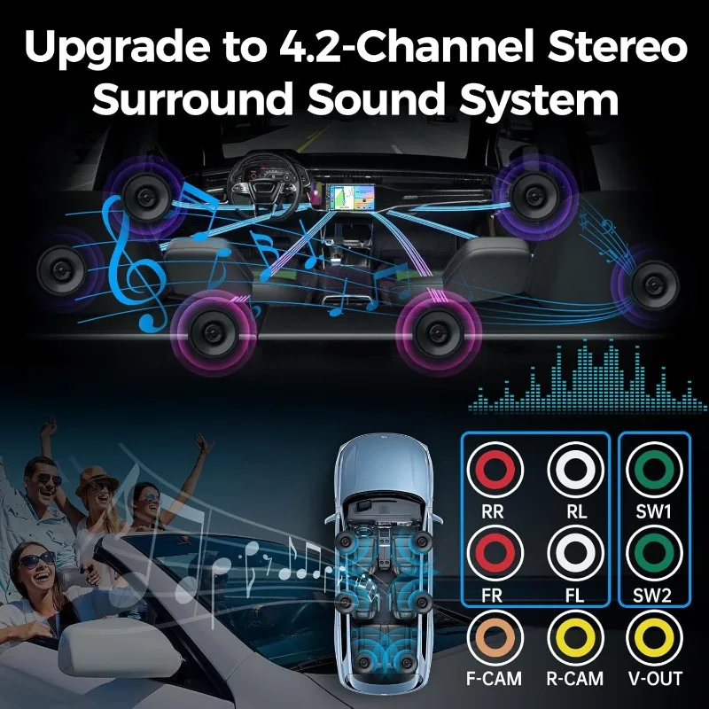 Mise à niveau du autoradio double Din sans fil avec Carplay, Android Auto, Bluetooth, RCA 4 canaux, haute puissance, 2 ports de caisson de basses, 7" H