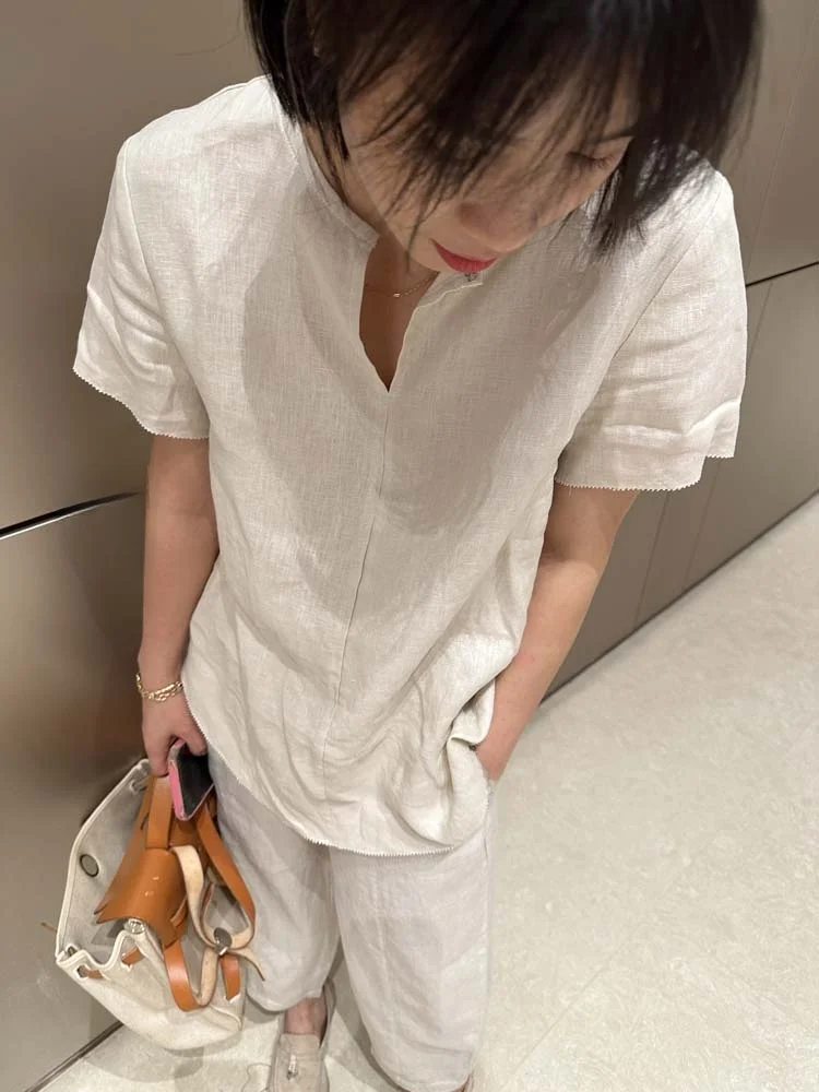 

Ele Commuter Sle Embroidered Lace Trim f Open Collar ort Sve Linen irt Women Summer Top Breathable UV Protection