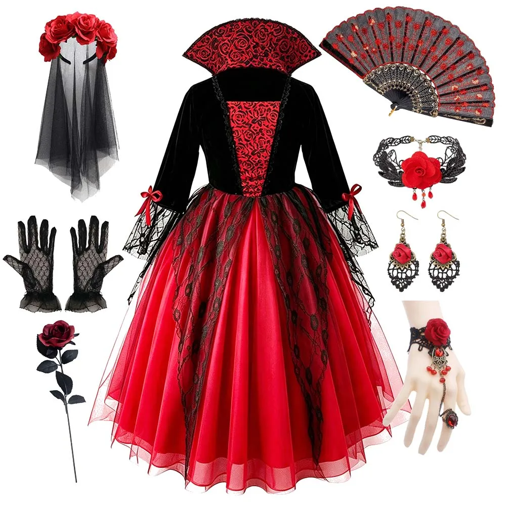 Girls Vampire Queen Costume Set Black Red Lace Stand Collar Dress With Rose Veil Fan Jewelry For Halloween Carnival Cosplay