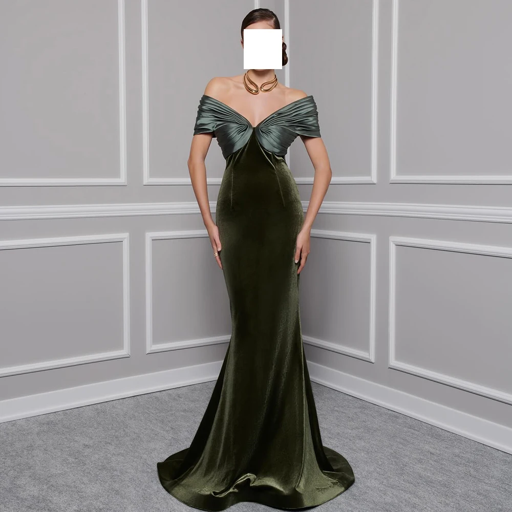 

Off the Shoulder Floor Length Velour Short Sleeves Pleats Sweep Train Saudi Arabia Evening Gowns Bespoke Occasion Gowns Classic