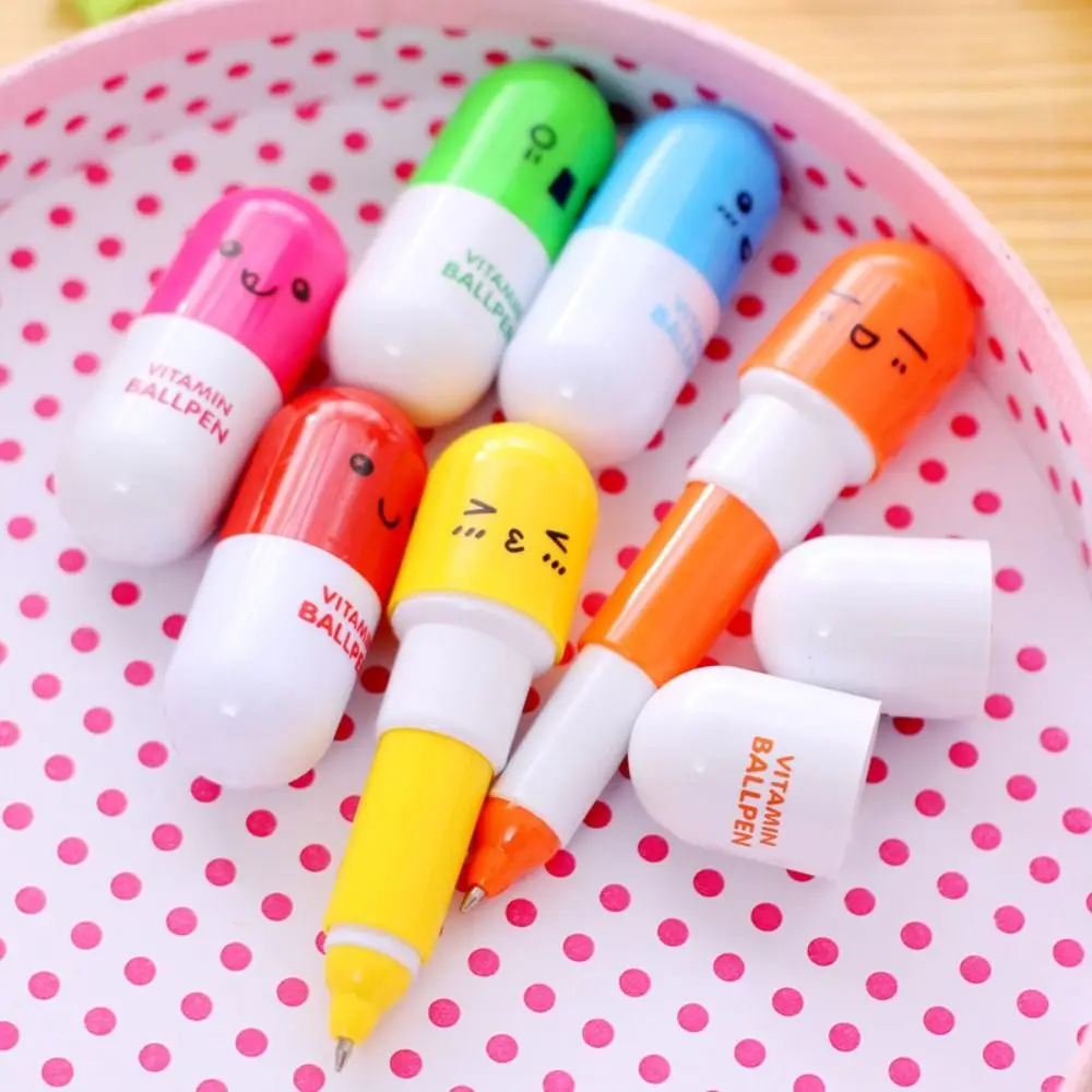 Telescopic Pill Ball Point Pen Smiling Face Cartoon Retractable Pill Pens Mini Funny Capsule Telescopic Pen Party Supplies