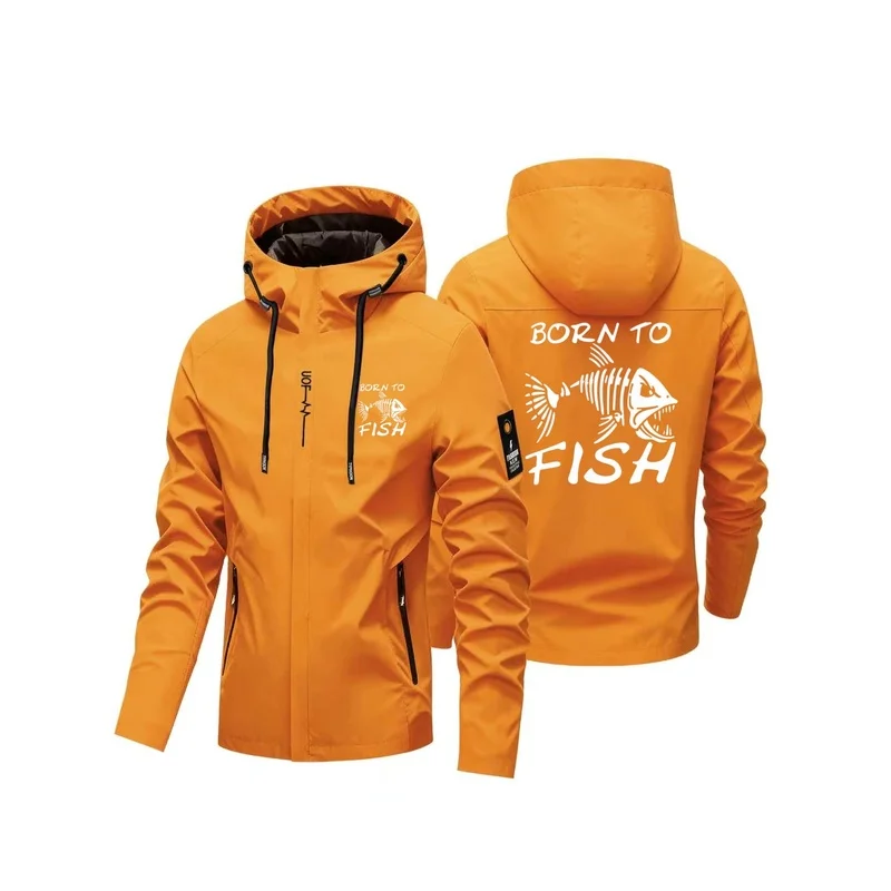 Men's Born To Fish Print Hooded Jacket, Lightweight Windproof Outdoor Fishing Coat, Casual Long Sleeve Zip Up Hoodie for Daily H
