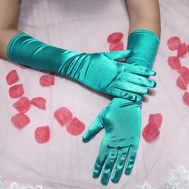 Green Teal Stretchy Shiny Satin Tea Gloves Prom Evening Party Wedding Bridal Charm Gloves Full Finger Long Women\'s Gloves