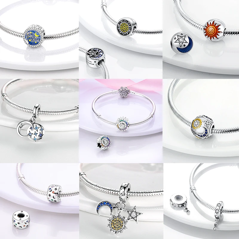 925 Sterling Silber Sonne Sternenhimmel Charms Serie Gold Sonne Sterne Mond Anhänger Passend für Armband DIY Schmuck Original Mode für Frauen – Detail 8