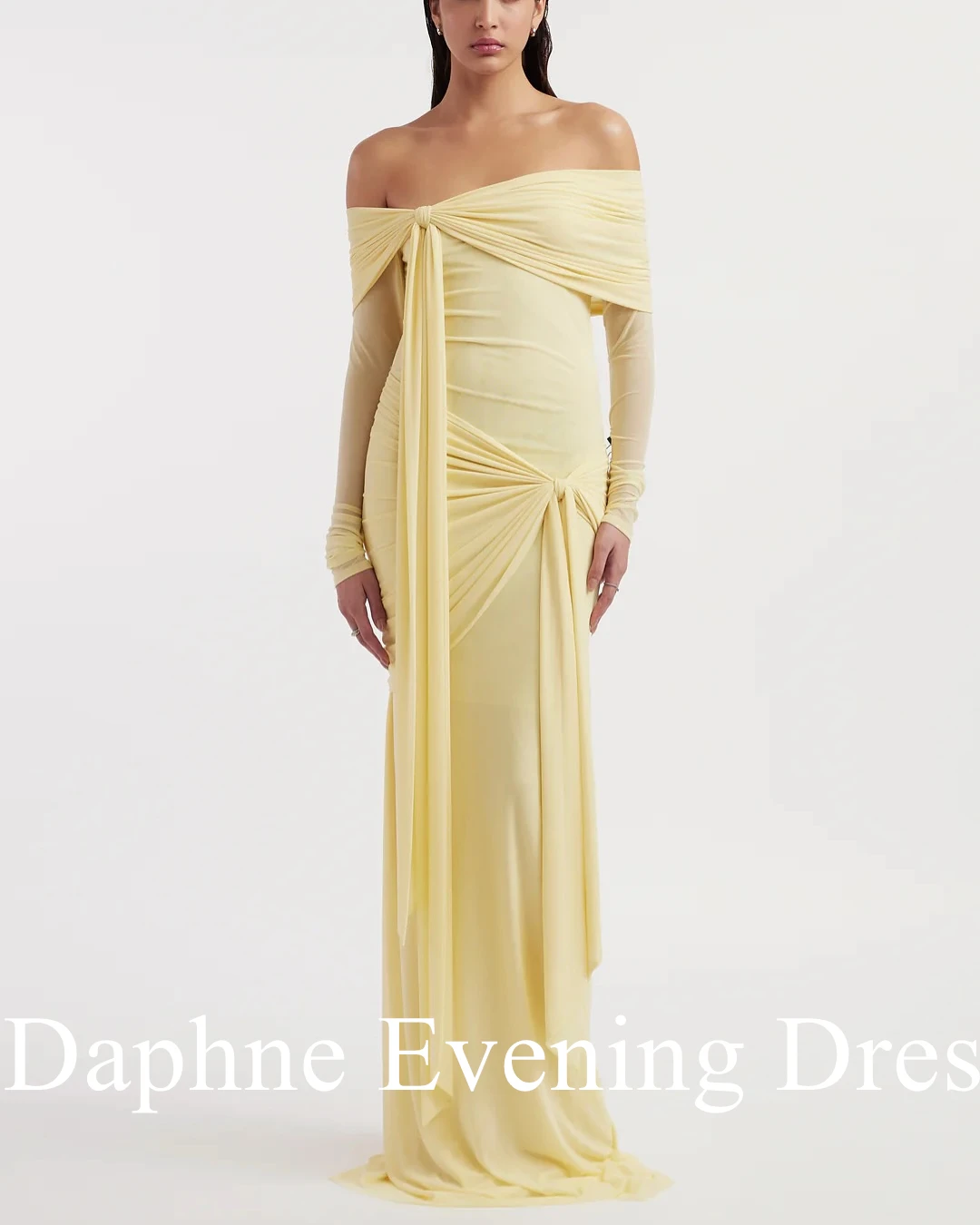 Customized Modern Off the Shoulder Chiffon Long Sleeves Evening Dress Temperament Belt Pleats Photo Color Vestido De Festa image 4