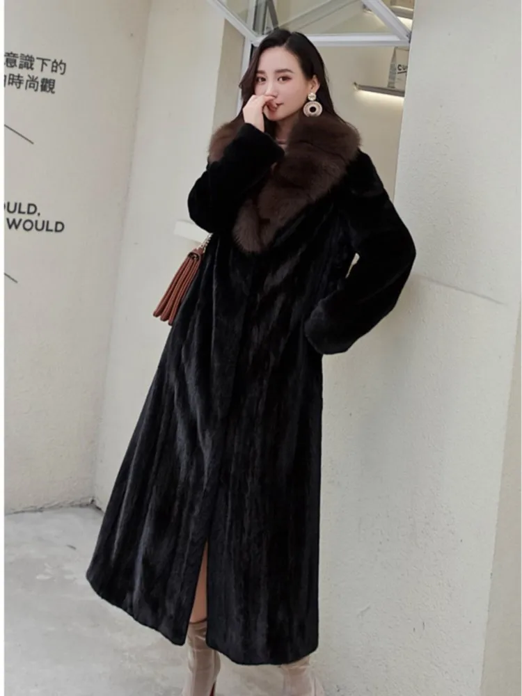 المرأة أنيقة فو الفراء طوق معاطف طويلة الكورية خمر الأسود لينة الفراء معاطف دافئة شتاء موضة جديدة فو الفراء معاطف