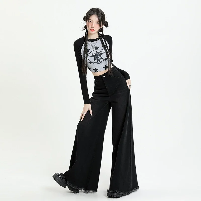 Subkultur retro tua yang sudah dicuci Celana jeans kaki lebar abu-abu hitam kaki lebar kaki gajah jeans kaki celana besar