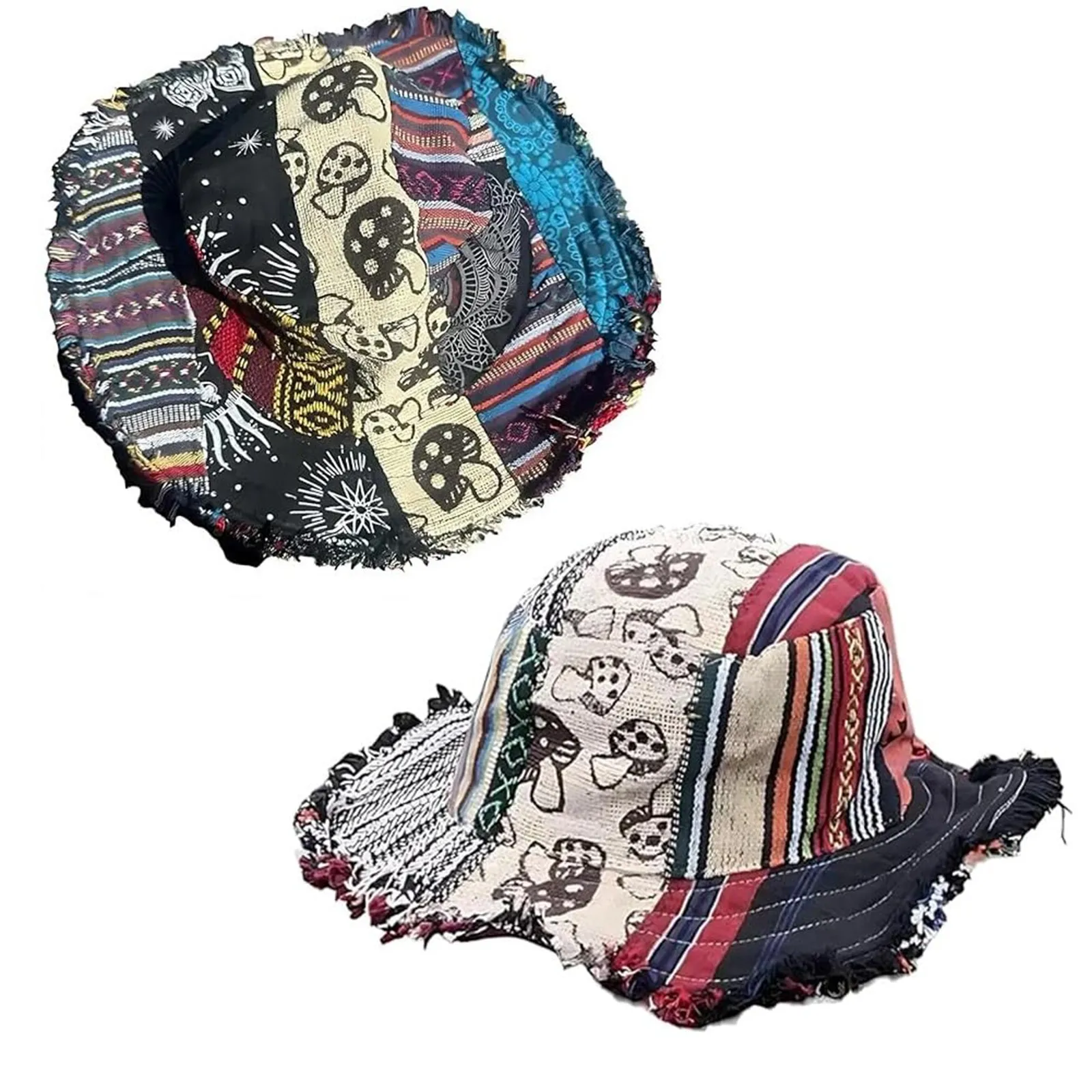 

Patchwork Multicolored Mushroom Hemp Hat with Hidden Pocket hats Wide Brim Bucket Hat Hippie Sunhat for Holiday Beach
