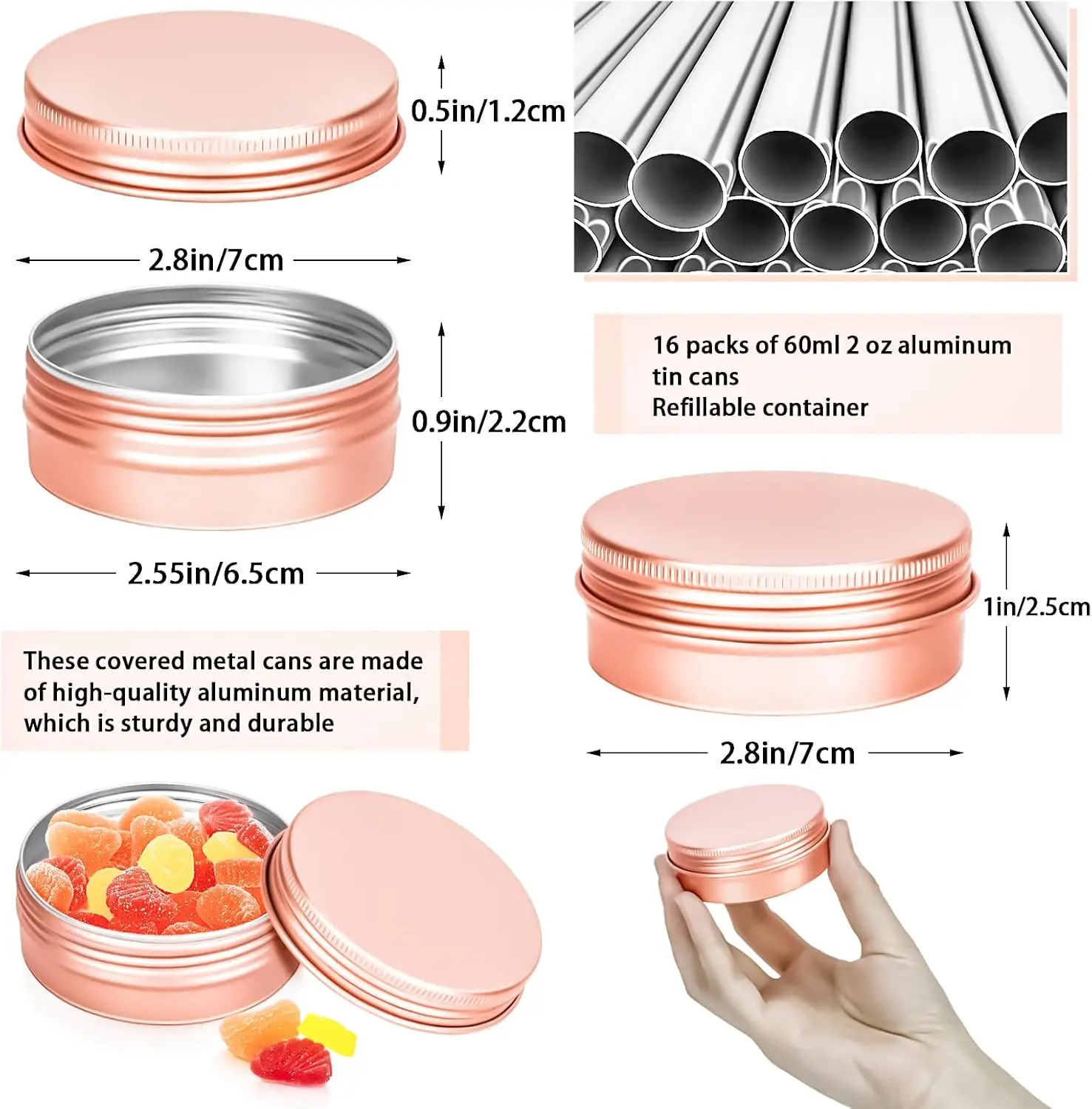 16 แพ็ค 2 ออนซ์ขวดดีบุก, 60 ml กระป๋องโลหะ, 2 ออนซ์อลูมิเนียมดีบุก jar คอนเทนเนอร์พร้อมสกรูฝาปิดสําหรับโลชั่นบาร์, อุปกรณ์อาบน้ํา